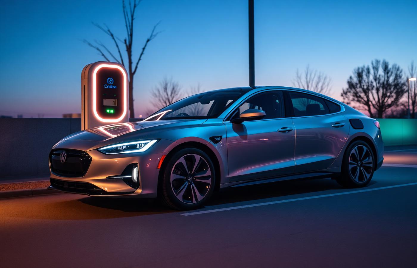Electric vehicle charging at a modern EV charging station at dusk