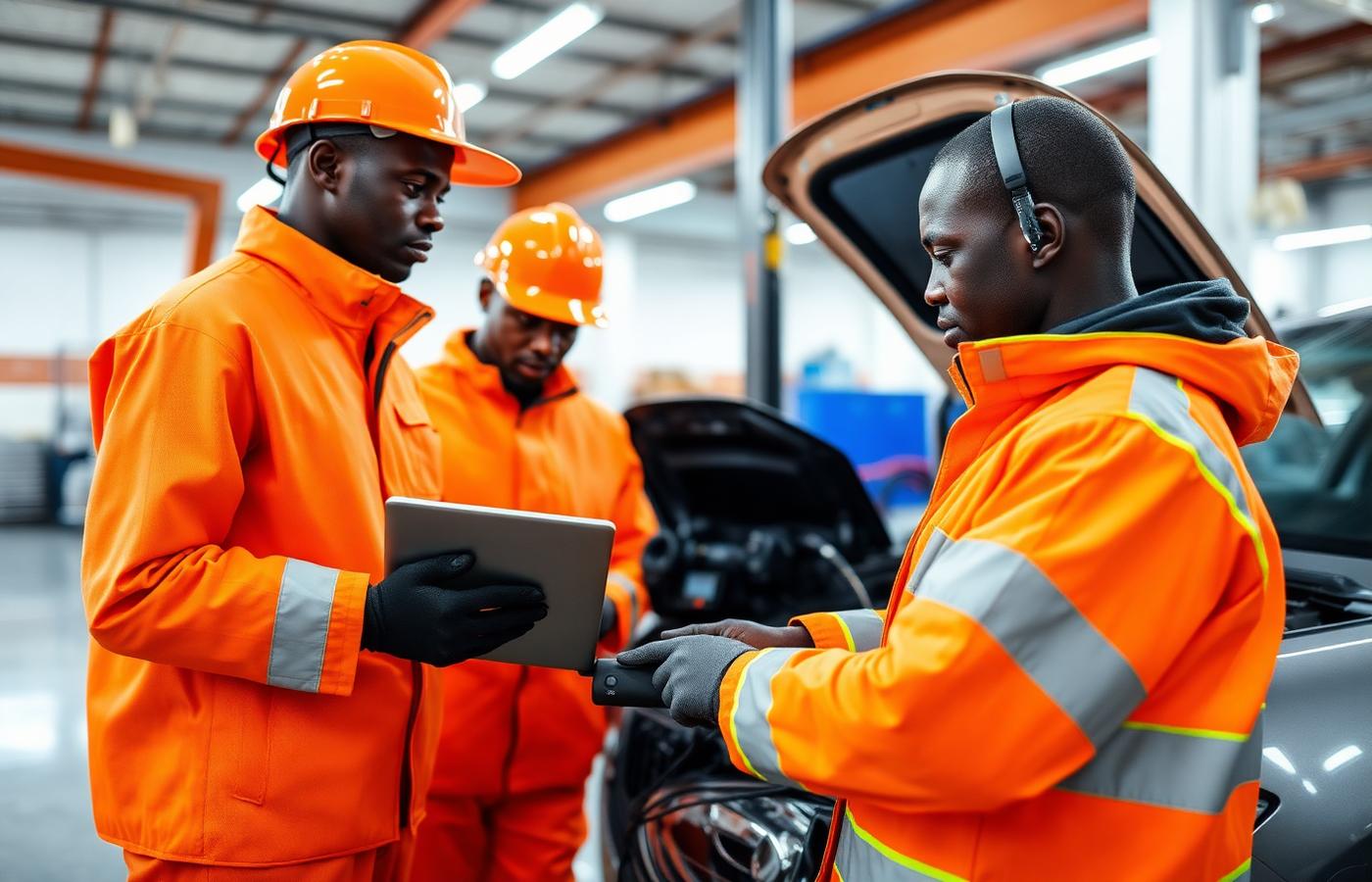 Technicians training on electric vehicle high-voltage diagnostics